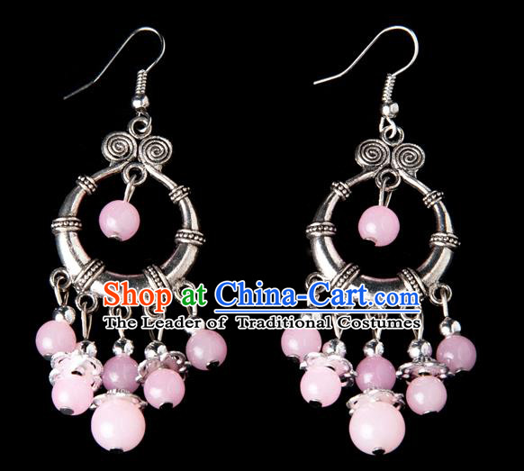 Traditional Chinese Miao Nationality Crafts, Yunnan Hmong Handmade Pink Beads Tassel Earrings Pendant, China Ethnic Minority Eardrop Accessories Earbob Pendant for Women