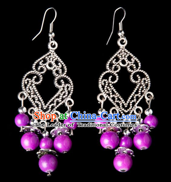 Traditional Chinese Miao Nationality Crafts, Yunnan Hmong Handmade Purple Beads Long Tassel Earrings Pendant, China Ethnic Minority Eardrop Accessories Earbob Pendant for Women