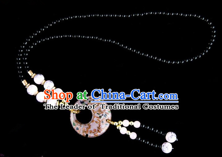 Traditional Chinese Miao Nationality Crafts, China Handmade Beads White Coloured Glaze Sweater Chain, China Miao Ethnic Minority Necklace Accessories Pendant for Women