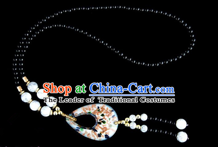 Traditional Chinese Zang Nationality Crafts, China Handmade Tibet Coloured Glaze Beads White Drop-shaped Tassel Sweater Chain, Tibetan Ethnic Minority Necklace Accessories Pendant for Women