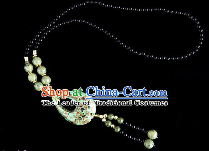 Traditional Chinese Zang Nationality Crafts, China Handmade Tibet Coloured Glaze Beads Green Drop-shaped Tassel Sweater Chain, Tibetan Ethnic Minority Necklace Accessories Pendant for Women