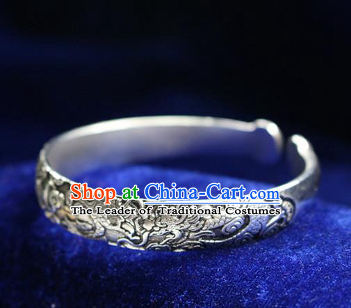 Traditional Chinese Miao Nationality Crafts Jewelry Accessory Bangle, Hmong Handmade Miao Silver Dragon-Phoenix Bracelet, Miao Ethnic Minority Silver Bracelet Accessories for Women