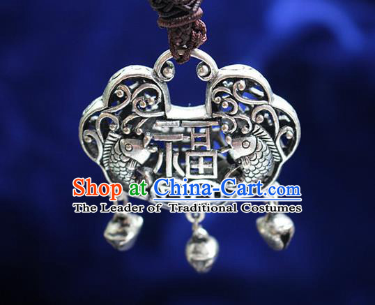 Traditional Chinese Miao Nationality Crafts Jewelry Accessory, Hmong Handmade Miao Silver Longevity Lock Tassel Pendant, Miao Ethnic Minority Necklace Accessories Sweater Chain Pendant for Women