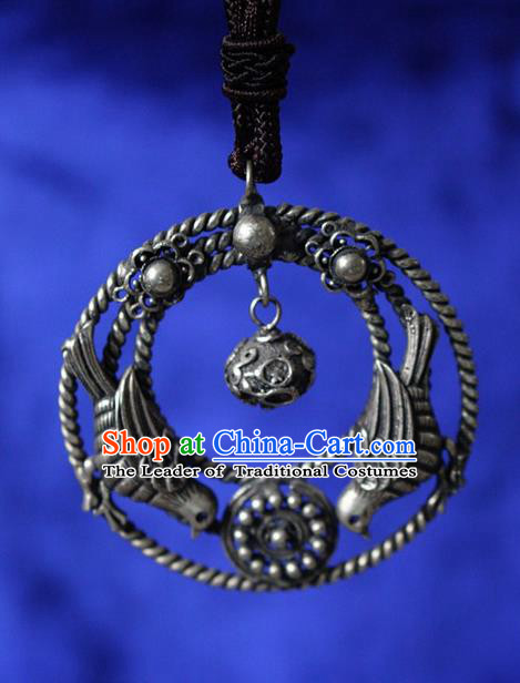 Traditional Chinese Miao Nationality Crafts Jewelry Accessory, Hmong Handmade Miao Silver Bells Tassel Birds Pendant, Miao Ethnic Minority Bells Necklace Accessories Sweater Chain Pendant for Women