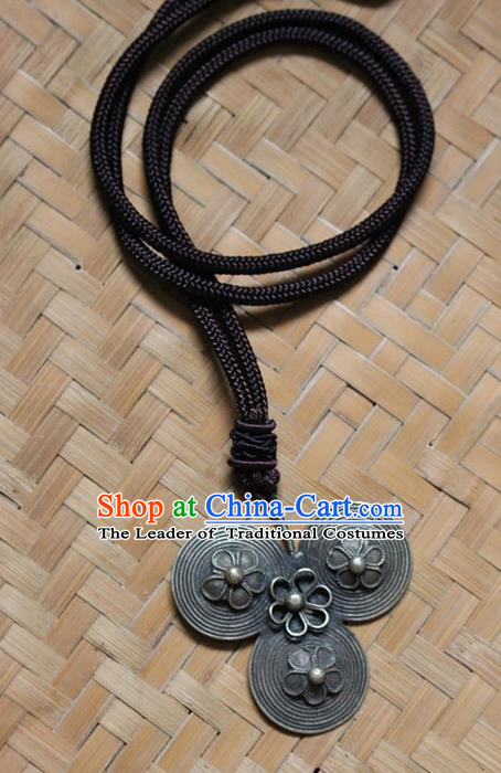 Traditional Chinese Miao Nationality Crafts Jewelry Accessory, Hmong Handmade Miao Silver Tassel Pendant, Miao Ethnic Minority Bells Necklace Accessories Sweater Chain Pendant for Women