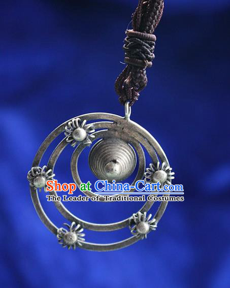 Traditional Chinese Miao Nationality Crafts Jewelry Accessory, Hmong Handmade Miao Silver Round Pendant, Miao Ethnic Minority Bells Necklace Accessories Sweater Chain Pendant for Women
