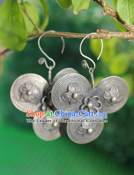 Traditional Chinese Miao Nationality Crafts Jewelry Accessory Classical Earbob Accessories, Hmong Handmade Miao Silver Palace Earrings Ear Pendants, Miao Ethnic Minority Eardrop for Women