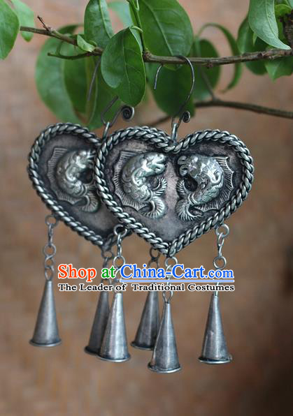 Traditional Chinese Miao Nationality Crafts Jewelry Accessory Classical Earbob Accessories, Hmong Handmade Miao Silver Double Fish Heart-shaped Palace Lady Earrings, Miao Ethnic Minority Bells Eardrop for Women
