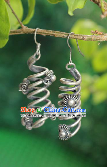 Traditional Chinese Miao Nationality Crafts Jewelry Accessory Classical Earbob Accessories, Hmong Handmade Miao Silver Palace Earrings, Miao Ethnic Minority Eardrop for Women