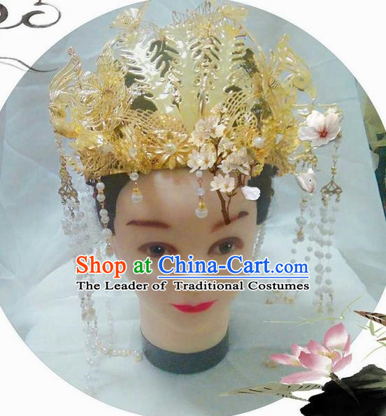 Traditional Handmade Chinese Ancient Classical Hair Accessories, Han Dynasty Bride Wedding Barrettes Imperial Empress Phoenix Coronet, Xiuhe Suit Hanfu Hair Sticks Hair Jewellery, Hair Fascinators Hairpins for Women