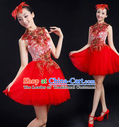 Traditional Chinese Modern Dancing Costume, Women Opening Classic Chorus Singing Group Dance Paillette Costume, Modern Dance Short Red Bubble Dress for Women