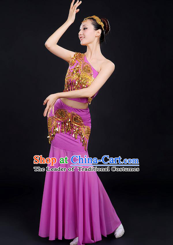 Traditional Chinese Dai Nationality Peacock Dancing Costume, Folk Dance Ethnic Paillette Dress, Chinese Minority Nationality Classic Dance Purple Costume for Women