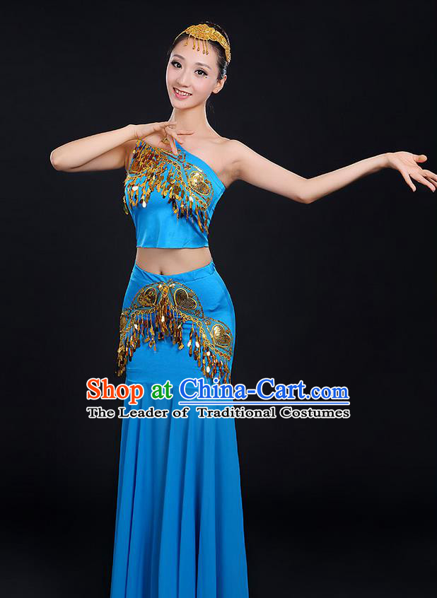 Traditional Chinese Dai Nationality Peacock Dancing Costume, Folk Dance Ethnic Paillette Dress, Chinese Minority Nationality Classic Dance Blue Costume for Women