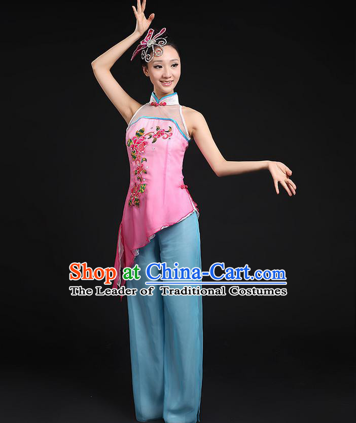 Traditional Chinese Yangge Fan Dancing Costume, Folk Dance Yangko Stand Collar Uniforms, Classic Dance Dress Drum Dance Embroidered Clothing for Women