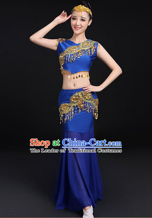 Traditional Chinese Dai Nationality Peacock Dancing Costume, Folk Dance Ethnic Paillette Fishtail Dress Uniform, Chinese Minority Nationality Dancing Royalblue Clothing for Women