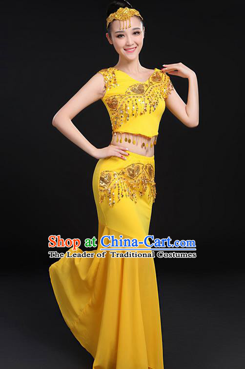 Traditional Chinese Dai Nationality Peacock Dancing Costume, Folk Dance Ethnic Paillette Fishtail Dress Uniform, Chinese Minority Nationality Dancing Gold Clothing for Women