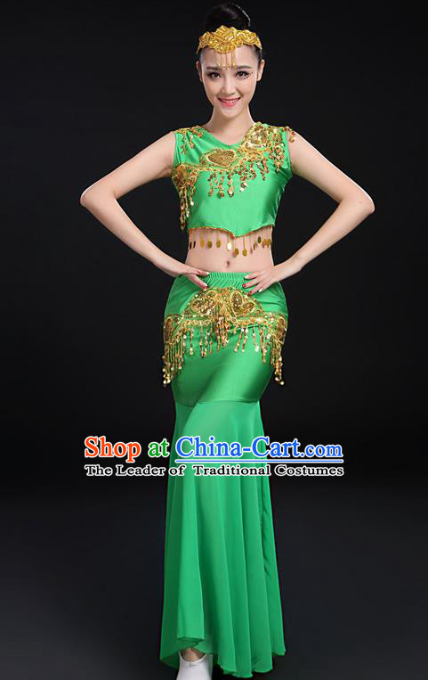 Traditional Chinese Dai Nationality Peacock Dancing Costume, Folk Dance Ethnic Paillette Fishtail Dress Uniform, Chinese Minority Nationality Dancing Green Clothing for Women