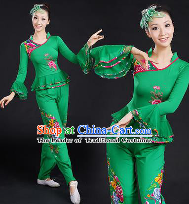 Traditional Chinese Yangge Fan Dancing Costume, Folk Dance Yangko Embroidered Peony Uniforms, Classic Umbrella Dance Elegant Dress Drum Dance Green Clothing for Women