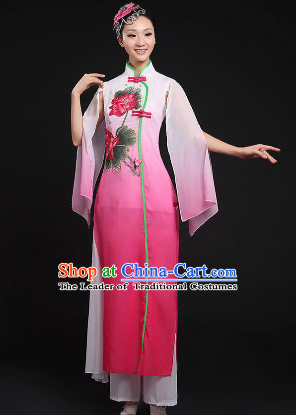 Traditional Chinese Yangge Fan Dancing Costume, Folk Dance Yangko Uniforms, Classic Lotus Dance Elegant Dress Drum Dance Pink Clothing for Women