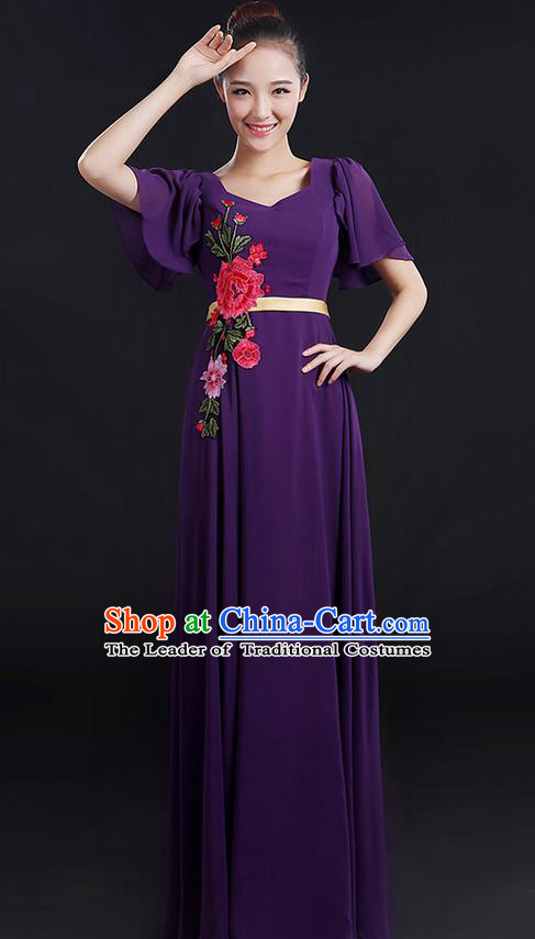 Traditional Chinese Modern Dancing Compere Costume, Women Opening Classic Chorus Singing Group Dance Peony Uniforms, Modern Dance Classic Dance Long Purple Dress for Women