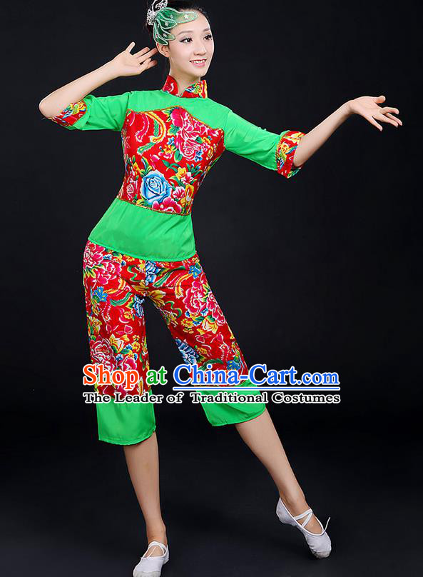 Traditional Chinese Yangge Fan Dancing Costume, Folk Dance Yangko Fairy Uniforms, Classic Dance Elegant Dress Drum Dance Peony Green Clothing for Women