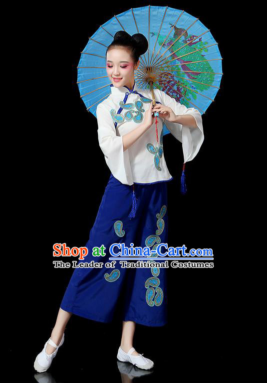 Traditional Chinese Yangge Fan Dancing Costume, Folk Dance Yangko Mandarin Sleeve Uniforms, Classic Dance Elegant Dress Drum Dance Blue Clothing for Women
