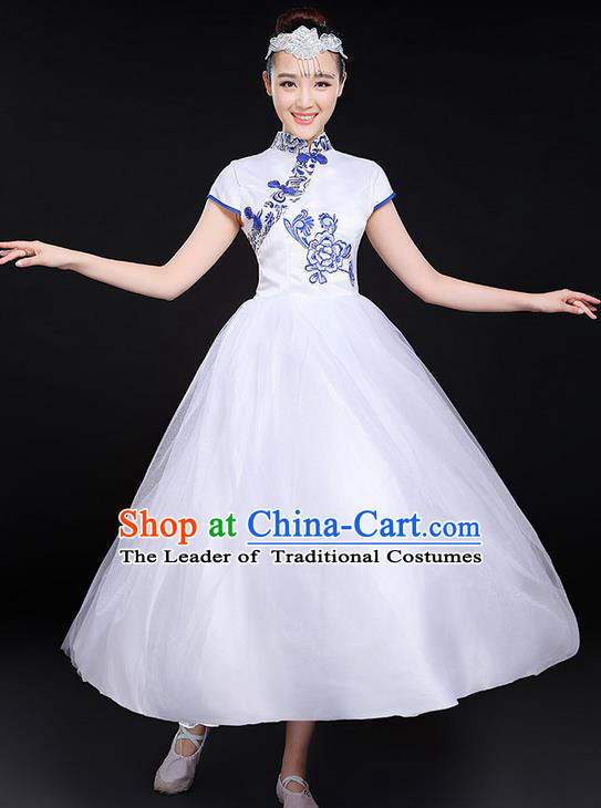 Traditional Chinese Modern Dancing Compere Costume, Women Opening Classic Chorus Singing Group Dance Uniforms, Modern Dance Classic Dance Cheongsam Bubble Dress for Women