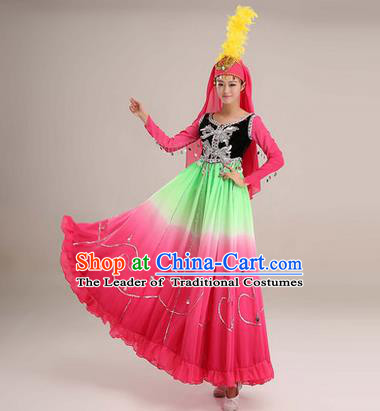 Traditional Chinese Uyghur nationality Dancing Costume, Folk Dance Ethnic Costume, Chinese Minority Nationality Uigurian Dance Big Swing Pink Dress for Women