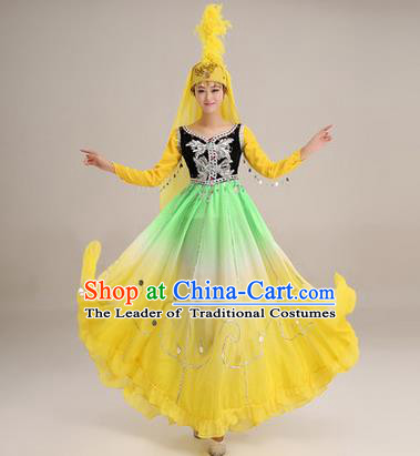 Traditional Chinese Uyghur nationality Dancing Costume, Folk Dance Ethnic Costume, Chinese Minority Nationality Uigurian Dance Big Swing Yellow Dress for Women