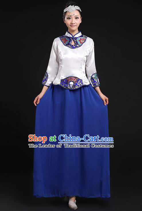 Traditional Chinese Modern Dancing Compere Costume, Women Opening Classic Chorus Singing Group Dance Uniforms, Modern Dance Classic Dance Cheongsam Blue Dress for Women