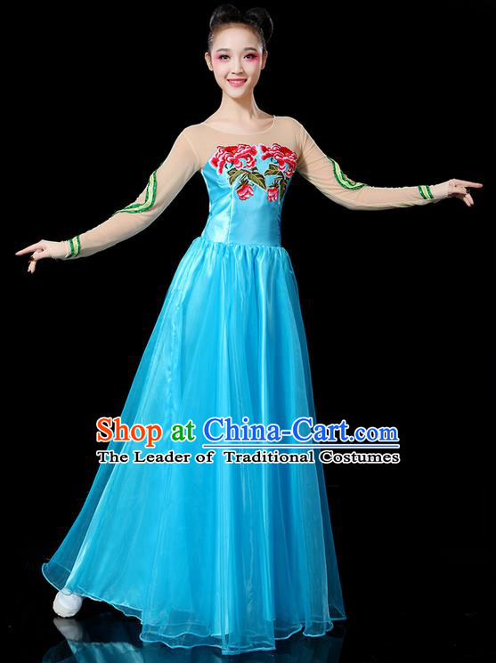 Traditional Chinese Modern Dancing Compere Costume, Women Opening Classic Chorus Singing Group Dance Uniforms, Modern Dance Classic Dance Peony Blue Big Swing Dress for Women