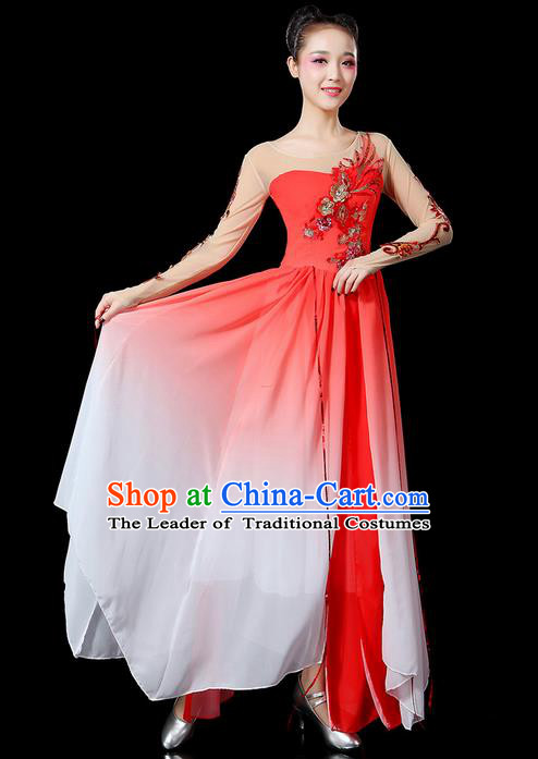 Traditional Chinese Yangge Fan Dancing Costume, Folk Dance Yangko Uniforms, Classic Umbrella Dance Elegant Dress Drum Dance Sequins Phoenix Pink Clothing for Women
