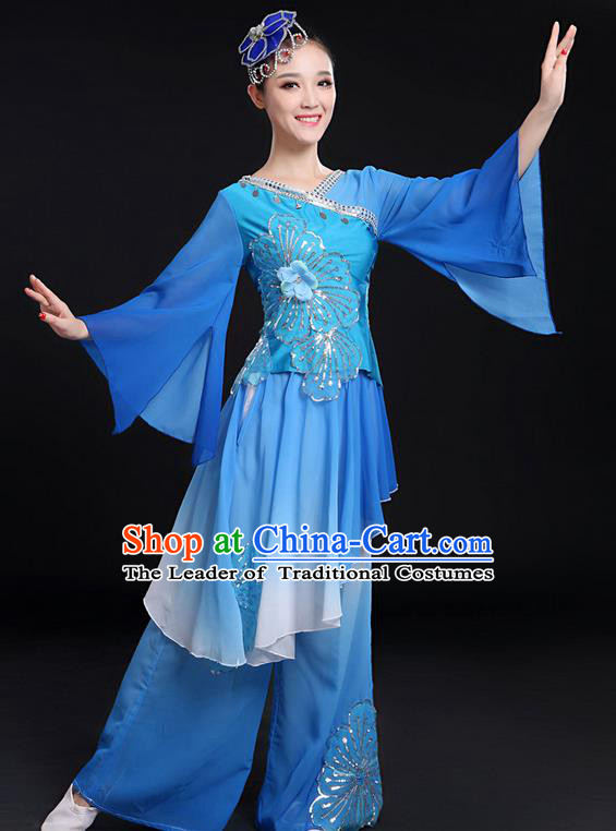 Traditional Chinese Yangge Fan Dancing Costume, Folk Dance Yangko Mandarin Sleeve Uniforms, Classic Umbrella Dance Elegant Dress Drum Dance Paillette Blue Clothing for Women