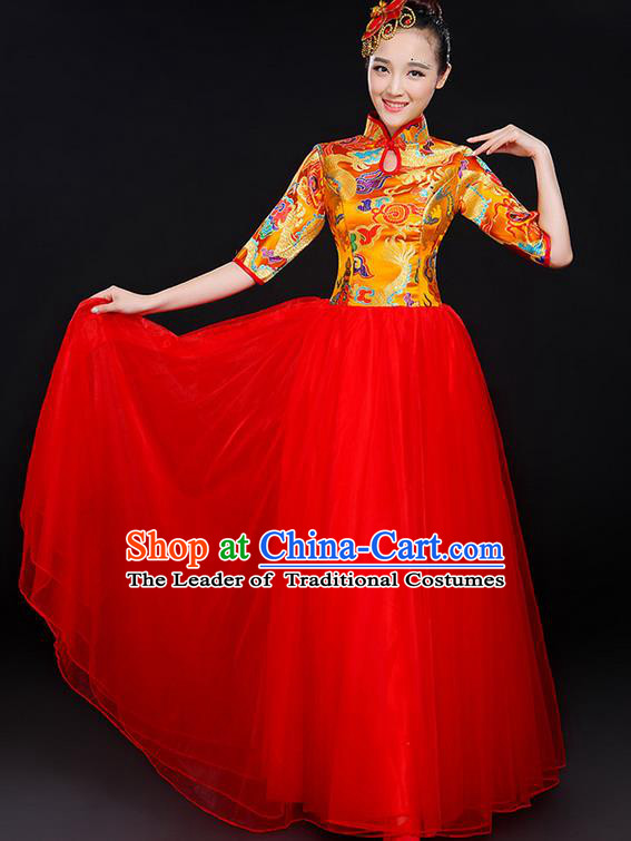 Traditional Chinese Modern Dancing Compere Costume, Women Opening Classic Chorus Singing Group Dance Bubble Uniforms, Modern Dance Classic Dance Big Swing Gold Cheongsam Dress for Women