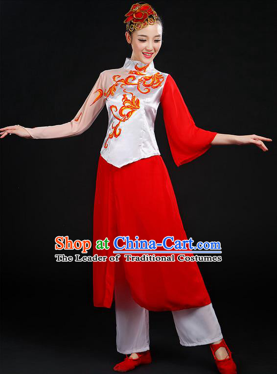 Traditional Chinese Yangge Fan Dancing Costume, Folk Dance Yangko Mandarin Sleeve Uniforms, Classic Dance Elegant Dress Drum Dance Red Clothing for Women