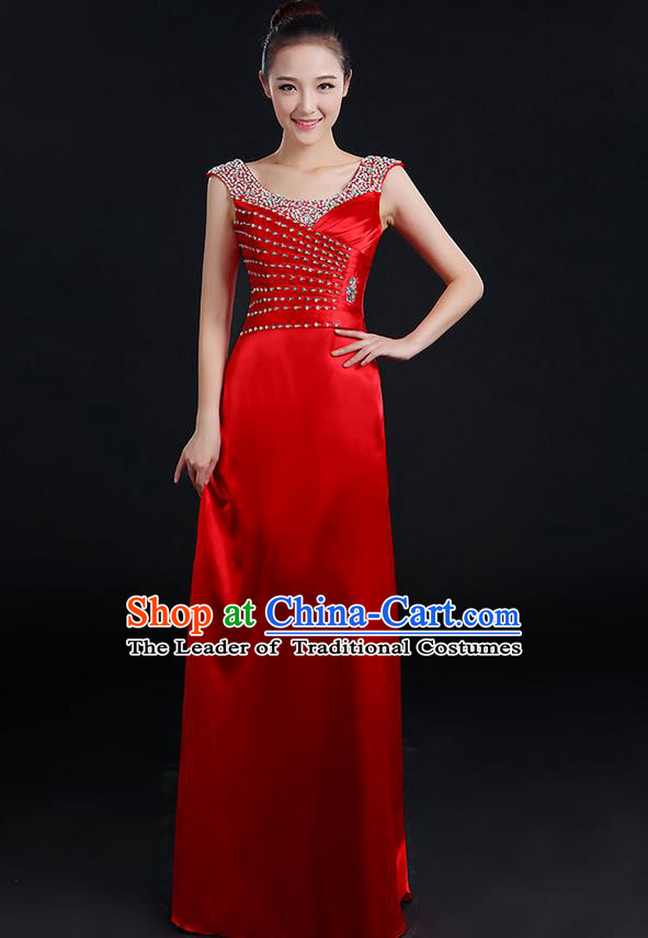 Traditional Chinese Modern Dancing Compere Costume, Women Opening Classic Chorus Singing Group Dance Crystal Dress Uniforms, Modern Dance Classic Dance Red Dress for Women