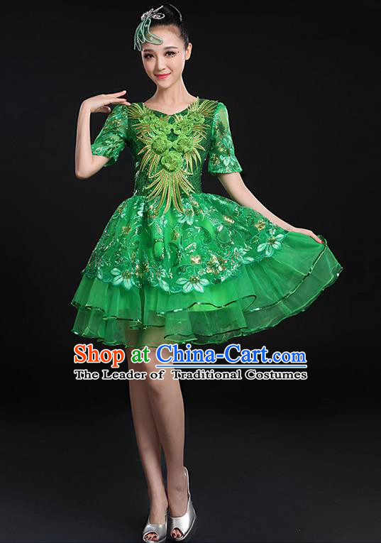 Traditional Chinese Modern Dancing Compere Costume, Women Opening Classic Chorus Singing Group Dance Paillette Uniforms, Modern Dance Bubble Short Green Dress for Women