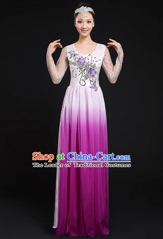 Traditional Chinese Modern Dancing Compere Costume, Women Opening Classic Chorus Singing Group Dance Dress Uniforms, Modern Dance Classic Dance Big Swing Purple Dress for Women
