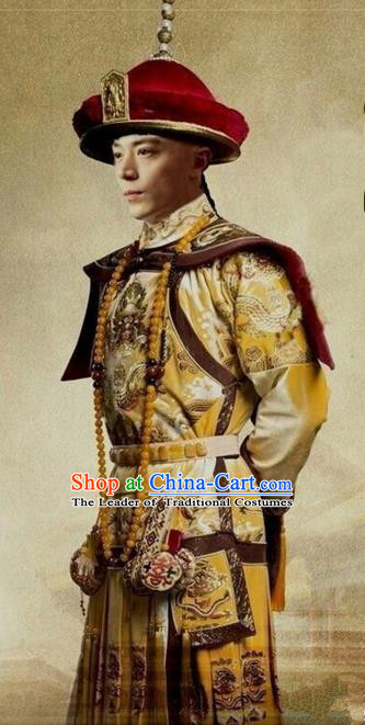 Traditional Ancient Chinese Imperial Emperor Costume, Chinese Qing Dynasty Manchu Palace Dress, Chinese Mandarin Robes Imperial King Embroidered Dragon Clothing for Men