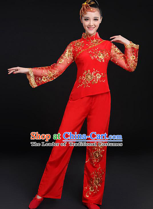 Traditional Chinese Yangge Fan Dancing Costume, Folk Dance Yangko Gilding Flowers Peony Uniforms, Classic Umbrella Dance Elegant Dress Drum Dance Red Clothing for Women