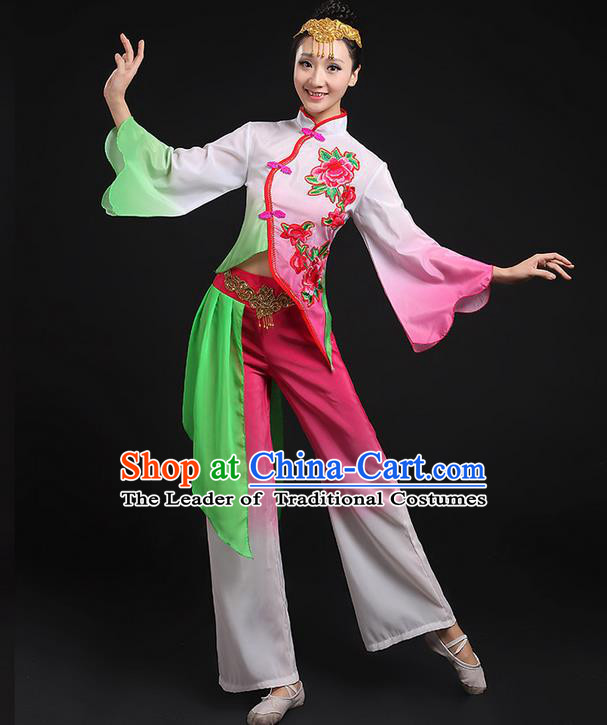 Traditional Chinese Yangge Fan Dancing Costume, Folk Dance Yangko Peony Uniforms, Classic Umbrella Dance Elegant Dress Drum Dance Pink Clothing for Women