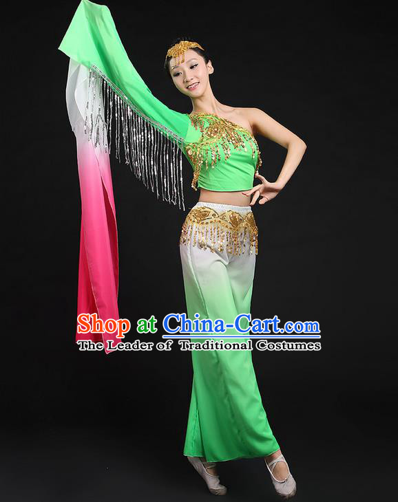 Traditional Chinese Yangge Fan Dancing Costume, Folk Dance Yangko Water Sleeve Paillette Uniforms, Classic Umbrella Dance Elegant Dress Drum Dance Green Clothing for Women