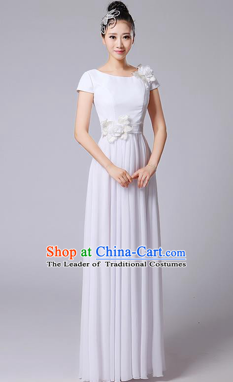 Traditional Chinese Modern Dancing Compere Costume, Women Opening Classic Chorus Singing Group Dance Uniforms, Modern Dance Classic Dance Big Swing Long White Full Dress for Women