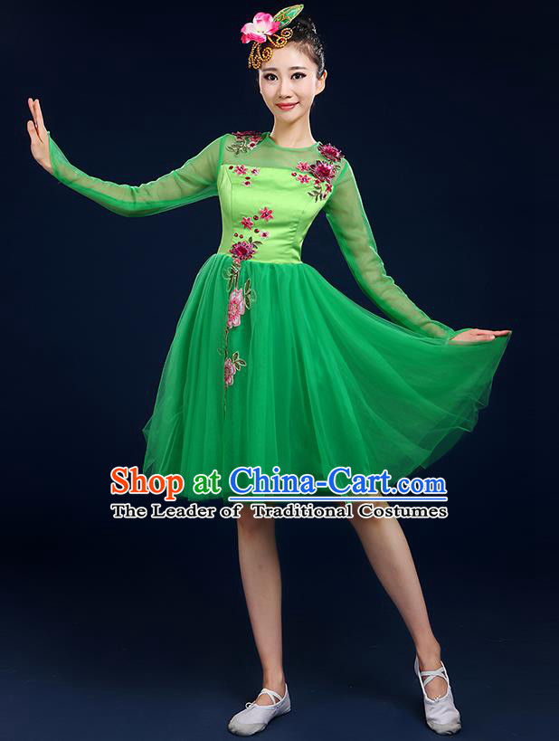 Traditional Chinese Modern Dancing Compere Costume, Women Opening Classic Chorus Singing Group Dance Bubble Uniforms, Modern Dance Classic Dance Big Swing Green Short Dress for Women