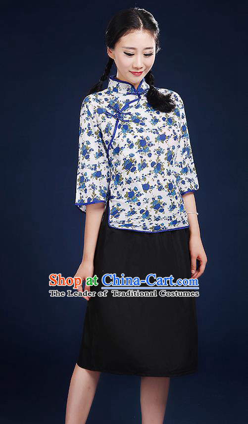 Traditional Chinese Style Modern Dancing Compere Costume, Women Chorus Singing Group Opening Classic Dance Republic of China Students Blue Flowers Uniforms, Modern Dance Cheongsam Blouse Dress for Women