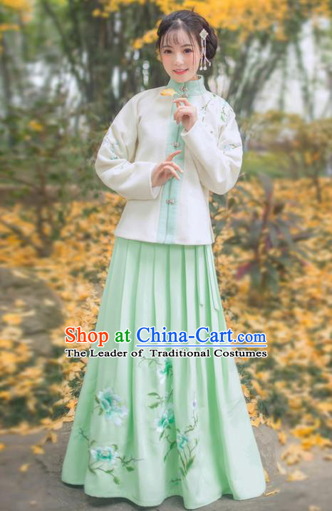 Traditional Ancient Chinese Young Lady Elegant Costume Embroidered Front Opening Blouse and Green Slip Skirt Complete Set, Elegant Hanfu Clothing Chinese Ming Dynasty Imperial Princess Clothing for Women