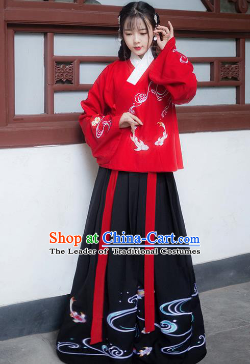 Traditional Ancient Chinese Young Lady Elegant Costume Embroidered Fancy Carp Slant Opening Blouse and Black Slip Skirt Complete Set, Elegant Hanfu Clothing Chinese Ming Dynasty Imperial Princess Clothing for Women