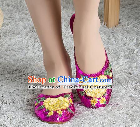 Traditional Chinese Shoes, China Handmade Linen Embroidered Beads Sequins Flowers Rose Slippers, Ancient Princess Satin Cloth Shoes for Women