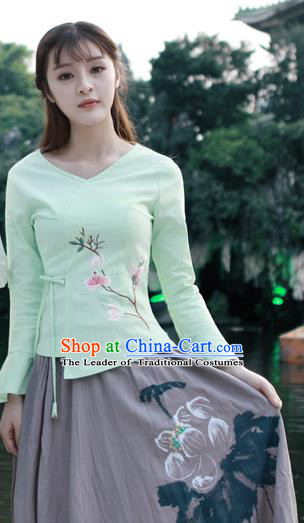 Traditional Chinese National Costume, Elegant Hanfu Embroidery Flowers Slant Opening Green Mandarin Sleeve Shirt, China Tang Suit Plated Buttons Chirpaur Blouse Cheong-sam Upper Outer Garment Qipao Shirts Clothing for Women