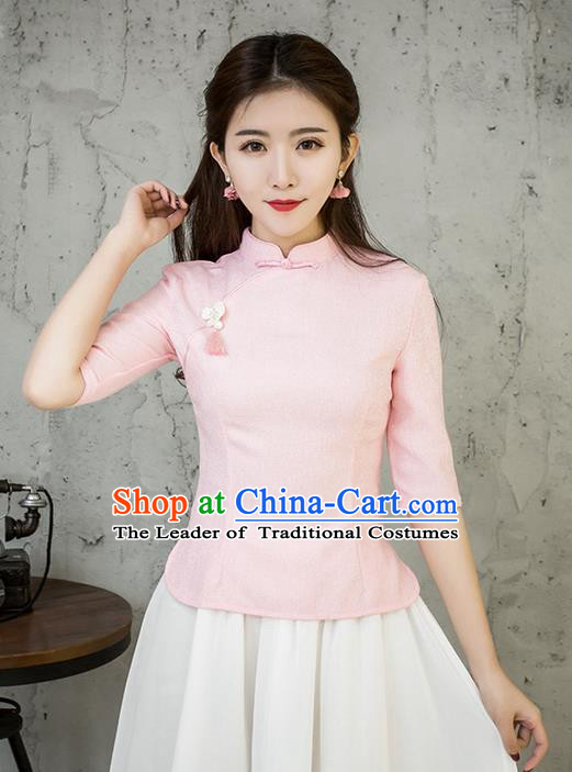 Traditional Chinese National Costume, Elegant Hanfu Embroidery Slant Opening Pink Blouses, China Tang Suit Republic of China Plated Buttons Chirpaur Blouse Cheong-sam Upper Outer Garment Qipao Shirts Clothing for Women
